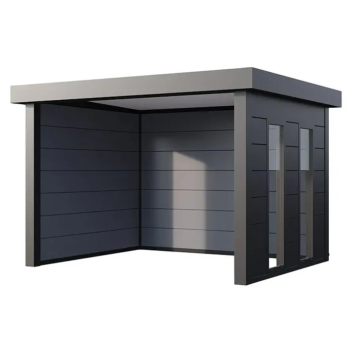 Telluria Pavillon Singolo 3630 inkl. Elektro-Set - Außenmaß inkl. Dachüberstand (B x T): 388 x 328 cm, Stahl, Anthrazit, Inkl. Innenwandverkleidung, Elektro-Set & 2 Fenster - Eine moderne, graue Terrassenüberdachung mit horizontalen Paneelen und schlanken Fensteröffnungen, die Schutz und Stil vereint.