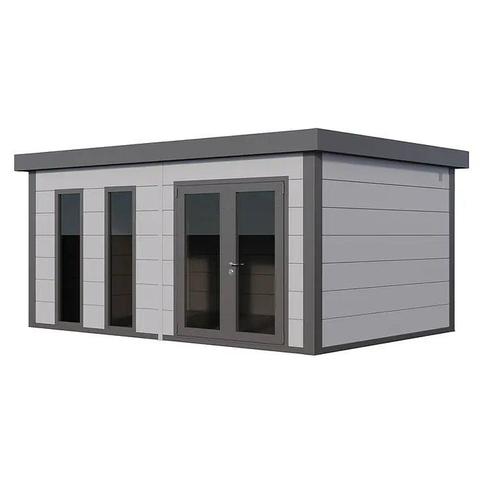 Telluria Gartenhaus Luminato 5436+ inkl. Elektro-Set - Außenmaß inkl. Dachüberstand (B x T): 568 x 388 cm, Lichtgrau/Anthrazit, Stahl, Inkl. Innenwandverkleidung & Elektro-Set - Moderne Gartenlaube mit grauen Fensterrahmen und Doppeltür. Stilvolles Design für den Außenbereich, perfekt zum Entspannen im Garten.