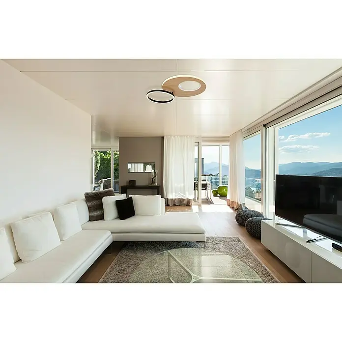 Globo LED-Deckenleuchte Forsi - 21 W, 61,2 x 40 x 10,5 cm, Weiß, Holzoptik, Schwarz, Neutralweiß - Wohnzimmer mit stylischer Deckenleuchte: Eine moderne Holz- und LED-Leuchte sorgt für angenehmes Licht und setzt ein Design-Statement.