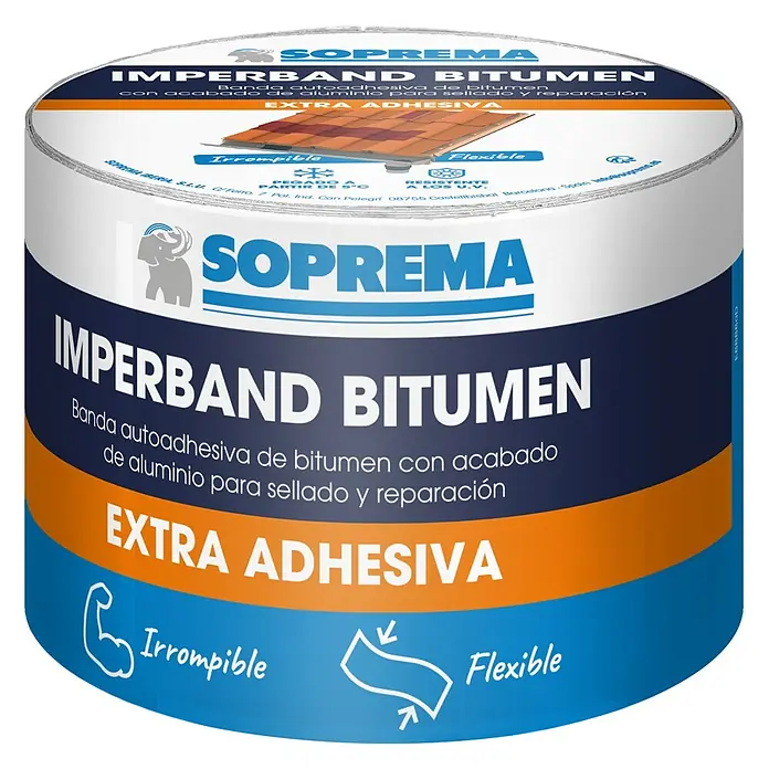 Soprema Lámina flexible para impermeabilización - An x L: 0,3 x 10 m, Lámina de aluminio, Terracota - Primer plano de un rollo de IMPERBAND BITUMEN, una banda autoadhesiva de bitumen con acabado de aluminio para sellado y reparación.