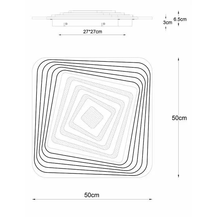 Globo LED-Deckenleuchte Jocely - 40 W, Weiß, Mehrfarbig, L x B x H: 50 x 50 x 6,5 cm - Schematische Darstellung einer modernen LED-Deckenleuchte mit quadratischem Design und gestaffelten Rahmen. Dargestellt sind Maße und Details.