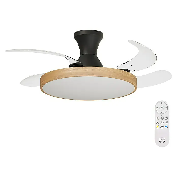 Arte confort Ventilador de techo Palma - Madera/Negro, 107 cm, 25 W, Blanco cálido - Ventilador de techo con luz LED y mando a distancia. Tiene un acabado negro, aspas blancas y un borde de madera alrededor de la luz.