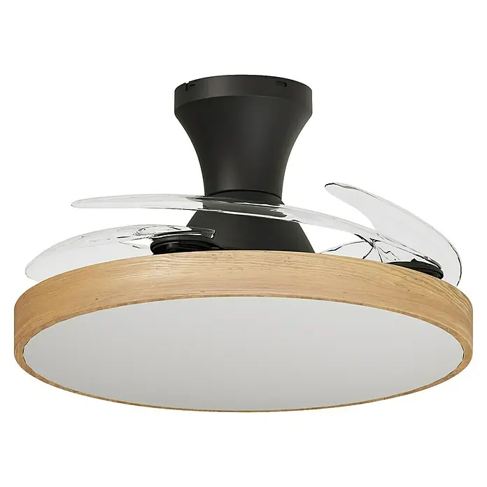 Arte confort Ventilador de techo Palma - Madera/Negro, 107 cm, 25 W, Blanco cálido - Primer plano de un ventilador de techo con luz LED, combinando diseño moderno con elementos de madera natural.