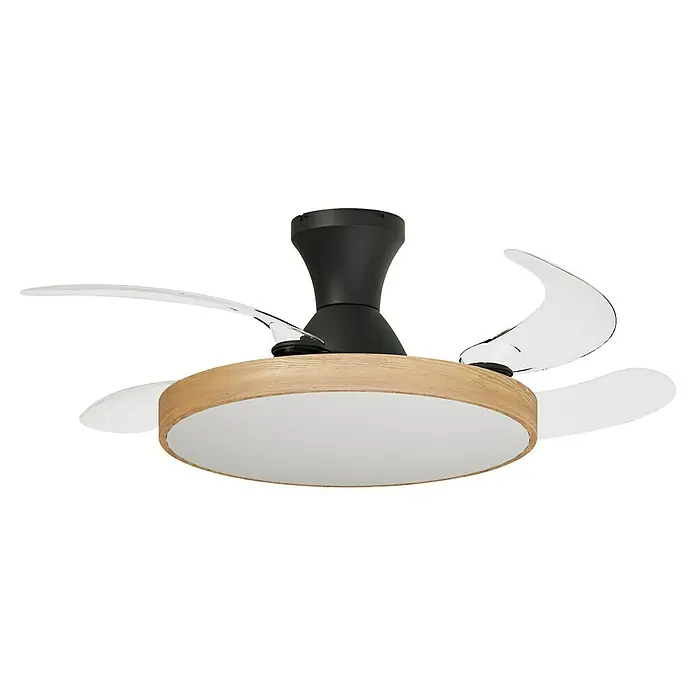Arte confort Ventilador de techo Palma - Madera/Negro, 107 cm, 25 W, Blanco cálido - Primer plano de un moderno ventilador de techo con acabado de aspecto de madera, iluminación LED y palas curvas.