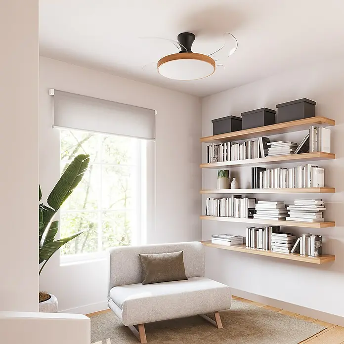 Arte confort Ventilador de techo Palma - Madera/Negro, 107 cm, 25 W, Blanco cálido - Un ventilador de techo con iluminación LED y detalles en madera combina estilo y función en esta luminosa estancia. Elegancia moderna diseñada para tu hogar.