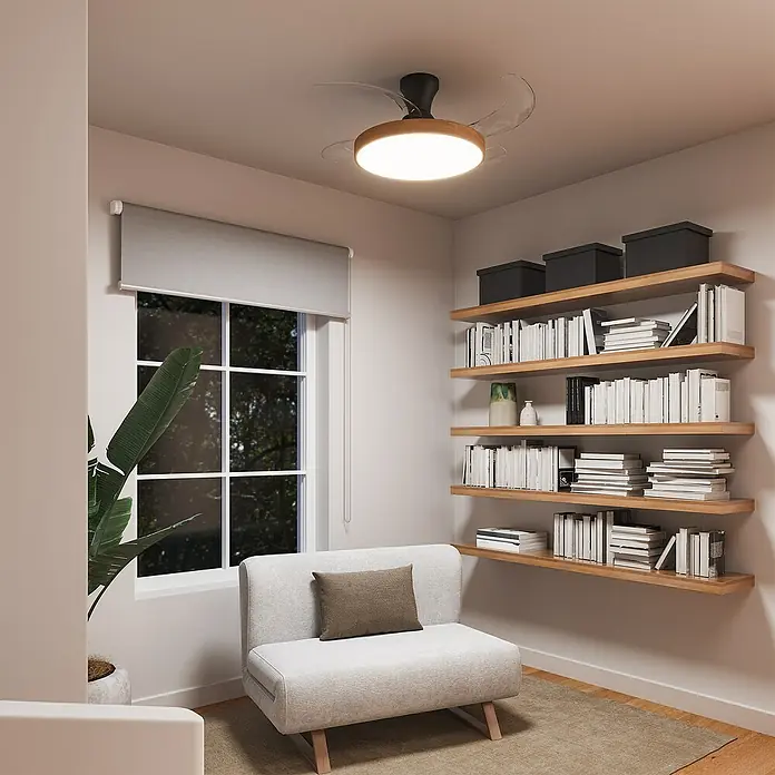 Arte confort Ventilador de techo Palma - Madera/Negro, 107 cm, 25 W, Blanco cálido - Esta imagen muestra una lámpara de techo con ventilador, con un diseño elegante y moderno, y proporciona iluminación ambiental.