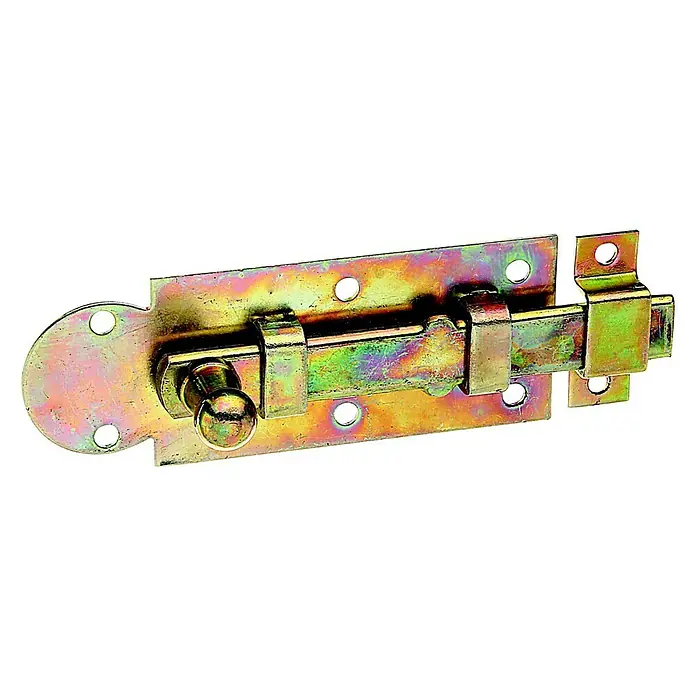 Stabilit Falleba para ventana - 80 x 30 mm - Primer plano de un cerrojo de cañón amarillo con agujeros para montar en una puerta o portón.