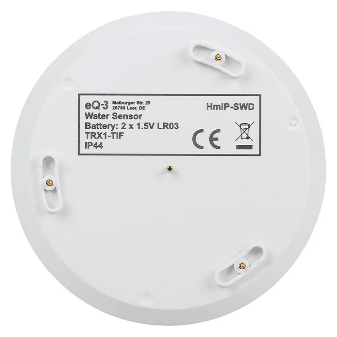 Homematic IP Wassersensor HmIP-SWD - Weiß, Ø x H: 8 x 3 cm, Batteriebetrieben - Nahaufnahme des eQ-3 HmIP-SWD Wassersensors, der zuverlässig vor Wasserschäden schützt.