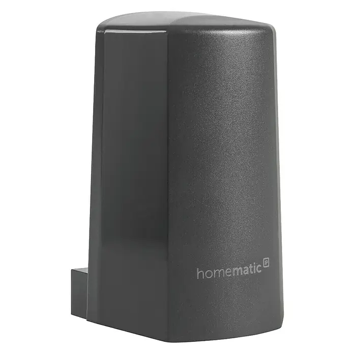 Homematic IP Funk-Temperatursensor HmIP-STHO-A - Anthrazit, 5,9 x 8,2 x 4,1 cm, Batteriebetrieben, IP44 - Ein grauer Homematic IP Bewegungsmelder für den Außenbereich mit abgerundetem Design und dem Homematic IP Logo.