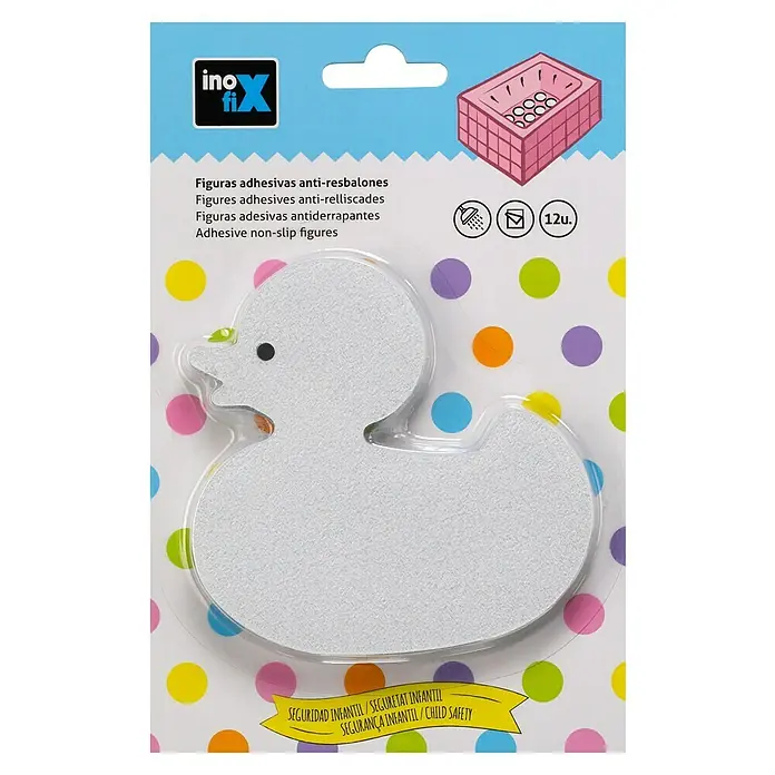 Inofix Antideslizante para bañera Pato - Blanco, 12 ud. - La imagen muestra un paquete de figuras adhesivas antideslizantes en forma de pato, ideales para baños, diseñadas para prevenir resbalones.