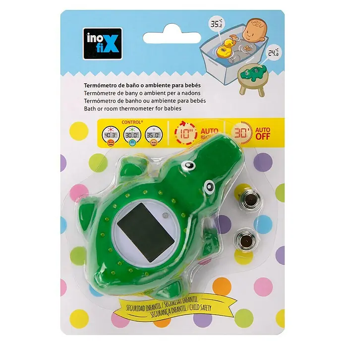 Inofix Termómetro de agua Cocodrilo - Verde, Apto para: Niños - Un termómetro de baño para bebés verde con forma de cocodrilo para medir la temperatura del agua del baño o ambiente con pantalla digital y pilas.