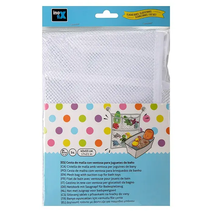 Inofix Cesta de baño - 38 x 430 x 640 mm, Blanco - Bolsa de malla para juguetes de baño con ventosa. El organizador perfecto para mantener los juguetes ordenados y al alcance.