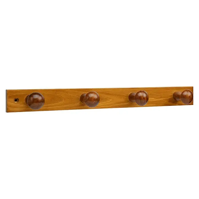 Inofix Perchero 3774 - L x An x Al: 488 x 5 x 71 cm, Madera, Miel - Primer plano de un perchero de madera con cuatro pomos redondos marrones. Ideal para montaje en pared, ofrece un almacenamiento elegante para chaquetas y accesorios.