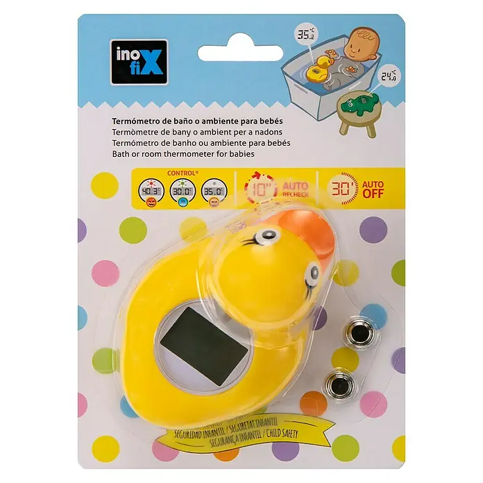 Inofix Termómetro de agua Pato - Amarillo, Apto para: Niños - Termómetro de baño y ambiente con forma de pato amarillo para bebés para un control seguro de la temperatura.