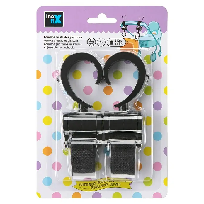 Inofix Gancho giratorio - Apto para: Cochecito de bebé, 2 ud. - Ganchos ajustables para cochecito para sujetar bolsas de pañales con una capacidad de carga de hasta 5 kg.