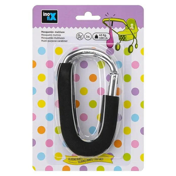 Inofix Mosquetón - Aluminio, Apto para: Cochecito de bebé, 1 ud. - Mosquetón multiusos Ino-Fix: Un mosquetón versátil con mango acolchado, ideal para cochecitos y otras aplicaciones de hasta 45 kg.