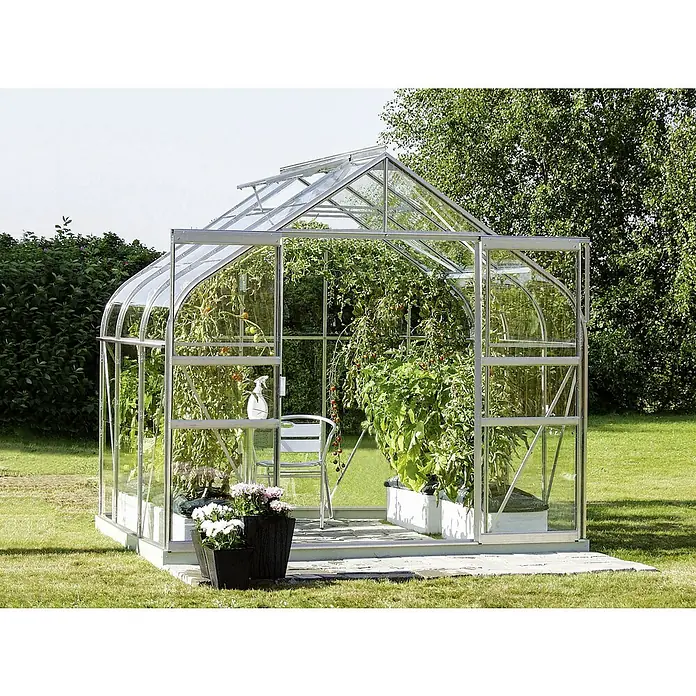 Vitavia Gewächshaus Dione 5000 - Außenmaß inkl. Dachüberstand (B x T): 263,5 x 195 cm, 3 mm, Aluminium - Gewächshaus mit Pflanzen und Gartenmöbeln, das die Kultivierung und Entspannung im eigenen Garten ermöglicht.