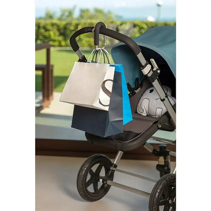 Inofix Mosquetón - Aluminio, Apto para: Cochecito de bebé, 1 ud. - Cochecito con bolsas de compras colgando de un gancho en el mango, perfecto para ir de compras con tu bebé. Solución práctica para padres en movimiento.