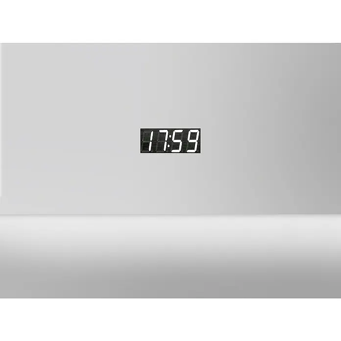 DSK Lichtspiegel Silver Time - 80 x 60 cm - Digitale Anzeige mit der Uhrzeit 17:59 vor einem hellen, monochromen Hintergrund. Präzise Zeitangabe in klarem, modernem Design.