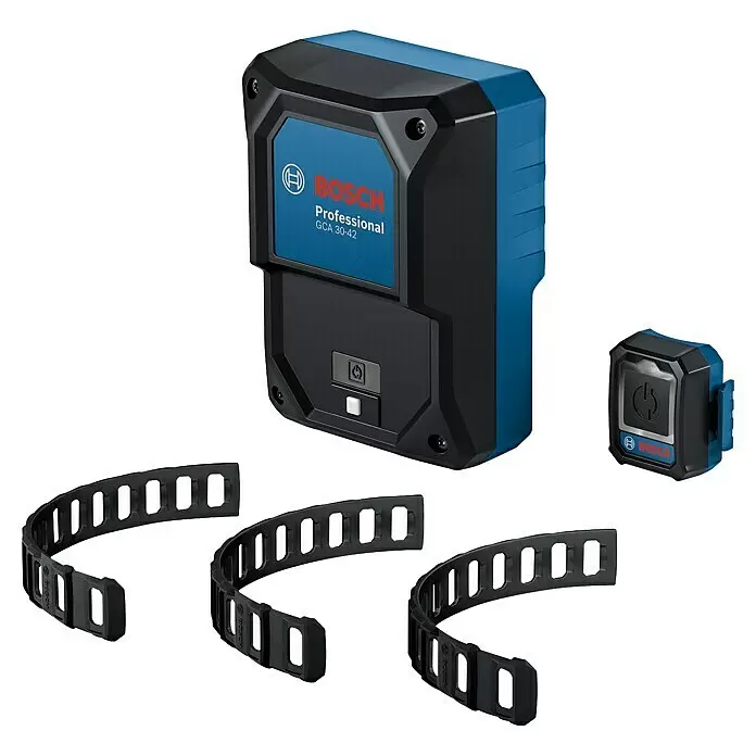 Bosch Professional Auto-Start-Set GCA 30-42 + GCT 30-42 - 5 -tlg. - Blau-schwarzes Bosch Professional GCA 30-42 Modul mit Fernbedienung und drei schwarzen Befestigungsbändern.