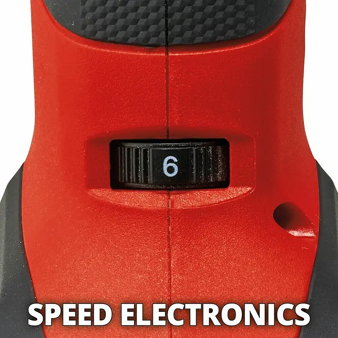 Einhell Professional PXC 18V Multiherramienta de batería TP-MG 18 Li BL - Solo - 18 V, Sin batería, Ángulo de oscilación: -1,6 ° - 1,6 ° - Primer plano de una herramienta eléctrica roja con un control de velocidad ajustado a 6 para un control preciso.