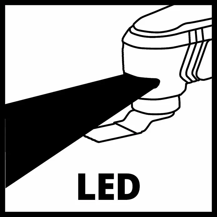 Einhell Professional PXC 18V Multiherramienta de batería TP-MG 18 Li BL - Solo - 18 V, Sin batería, Ángulo de oscilación: -1,6 ° - 1,6 ° - Luz LED: Ilustración de una luz LED emitiendo luz, con el texto "LED" en la parte inferior de la imagen.