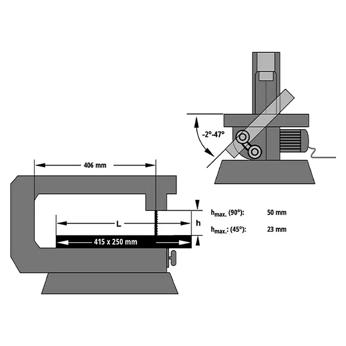 Einhell Dekupiersäge TC-SS 406 E - 120 W, 400 U/min - 1.600 U/min - Schematische Darstellung einer Dekupiersäge mit Maßangaben und Schnittwinkeleinstellungen.