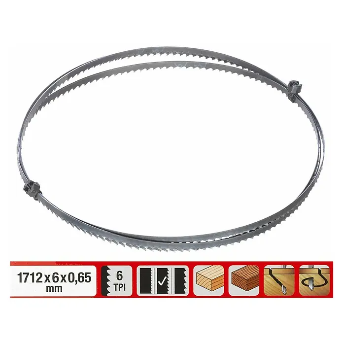 Einhell Hoja de sierra de cinta - L x An x Al: 1.710 x 6 x 0,65 mm - Primer plano de una hoja de sierra de cinta de 1712x6x0,65mm con 6 dientes por pulgada, ideal para carpintería.