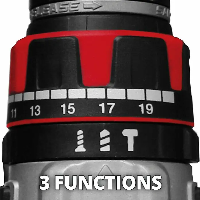 Einhell PXC 18V Taladro atornillador percutor de batería TP-CD 18/80 Li-i BL - 18 V, Sin batería, Número máx. de impactos: 28.800 /min - Primer plano del selector de un taladro, con múltiples configuraciones de torque y modos de función.