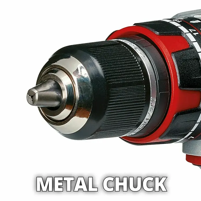 Einhell PXC 18V Taladro atornillador percutor de batería TP-CD 18/80 Li-i BL - 18 V, Sin batería, Número máx. de impactos: 28.800 /min - Primer plano de un taladro inalámbrico con portabrocas de metal, que asegura durabilidad y larga vida útil. Ideal para proyectos de bricolaje.