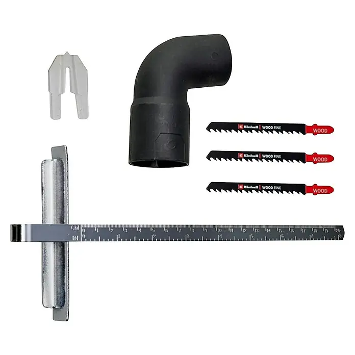 Einhell Professional PXC 18V Sierra de calar a batería con acción pendular TP-JST 18/135 Li BL - 18 V, Iones de litio, Sin batería - Un juego de herramientas Einhell, que incluye hojas de sierra para madera, un adaptador de aspiradora, un tope de profundidad y un soporte.