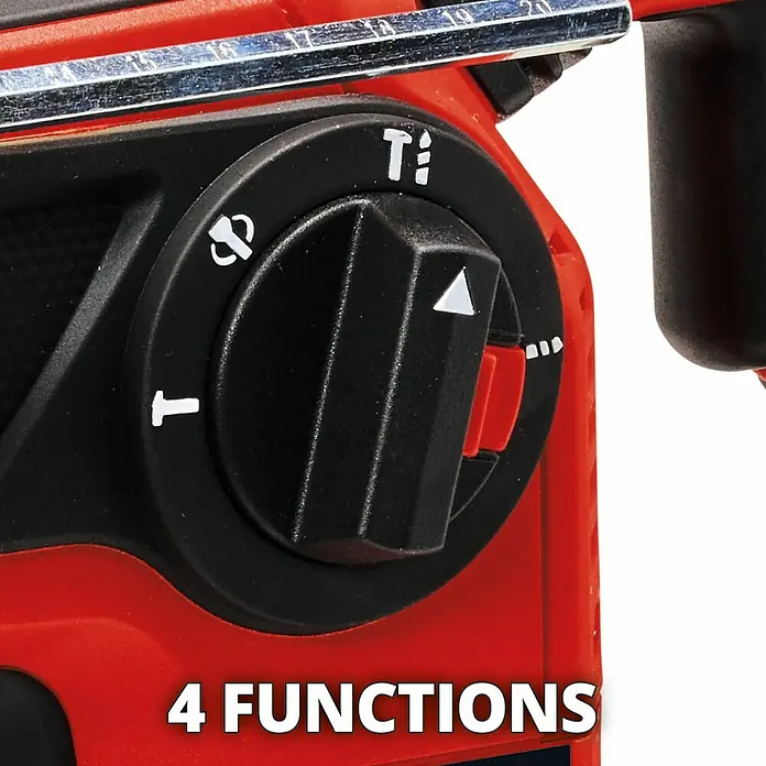 Einhell Professional Power X-Change 18V Akku-Kombihammer TP-HD 18/26 Li BL - Solo - 18 V, Ohne Akku, 0 Ah, 2,6 J, 1.200 U/min, Max. Schlagzahl: 5.500 /min - Nahaufnahme der 4-Funktions-Wahlscheibe einer roten Bohrmaschine, die verschiedene Betriebsmodi ermöglicht.