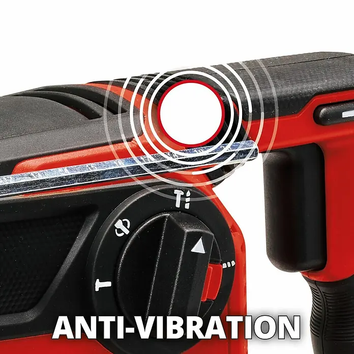Einhell Professional Power X-Change 18V Akku-Kombihammer TP-HD 18/26 Li BL - Solo - 18 V, Ohne Akku, 0 Ah, 2,6 J, 1.200 U/min, Max. Schlagzahl: 5.500 /min - Nahaufnahme eines Bohrhammers mit Anti-Vibrations-System. Das Gerät ist rot und schwarz und verfügt über einen Drehknopf zur Einstellung.