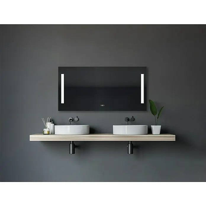 DSK Lichtspiegel Silver Time - 120 x 60 cm - Stilvolles Badezimmer mit einem modernen LED-beleuchteten Spiegel über einem Doppelwaschtisch mit grauer Wand im Hintergrund.