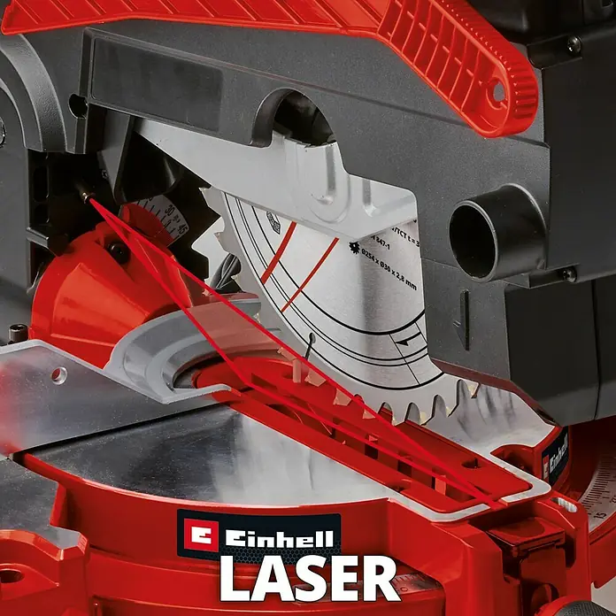 Einhell Sierra ingletadora - 2.000 W, Diámetro hoja de sierra: 254 mm, Número de revoluciones de marcha en vacío: 5.000 r.p.m. - Primer plano de una sierra ingletadora Einhell con guía láser para cortes precisos en proyectos de carpintería y construcción.