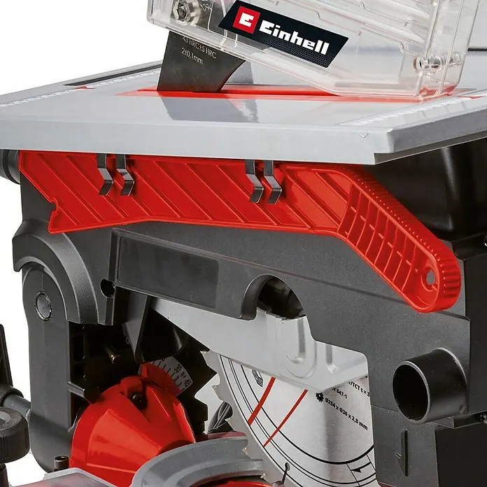 Einhell Sierra ingletadora - 2.000 W, Diámetro hoja de sierra: 254 mm, Número de revoluciones de marcha en vacío: 5.000 r.p.m. - Detalle de una sierra de mesa Einhell, destacando la protección de la hoja y los indicadores de ángulo precisos.