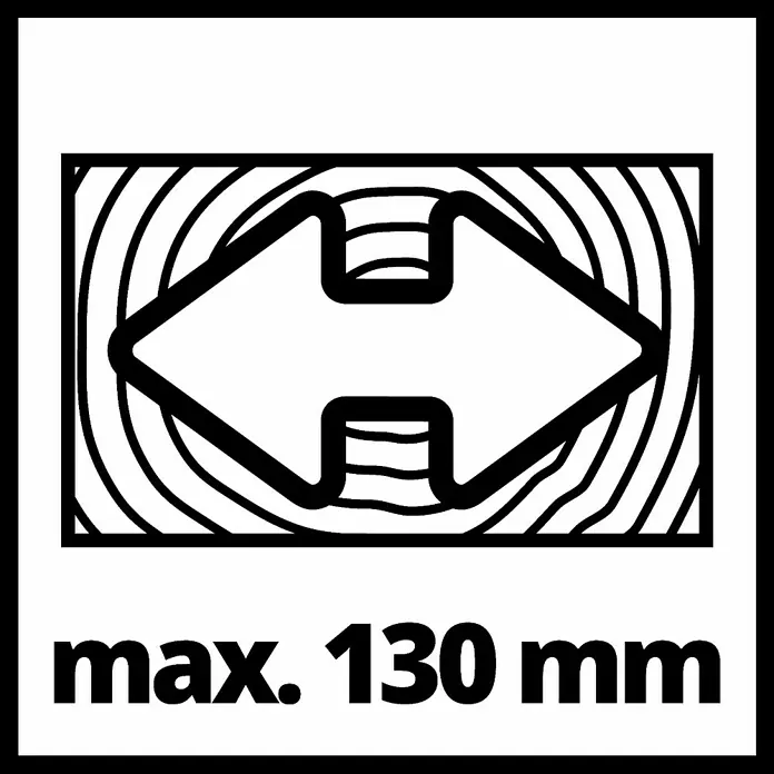 Einhell Sierra ingletadora - 2.000 W, Diámetro hoja de sierra: 254 mm, Número de revoluciones de marcha en vacío: 5.000 r.p.m. - Símbolo que indica un ancho máximo de corte de 130 mm, mostrando el límite de la herramienta.