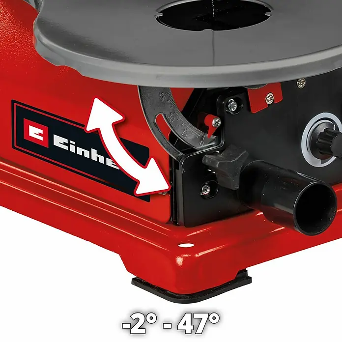 Einhell Dekupiersäge TC-SS 406 E - 120 W, 400 U/min - 1.600 U/min - Detailaufnahme einer roten Einhell Fliesenschneidmaschine, die Neigungseinstellung von -2° bis 47° zeigt.\n