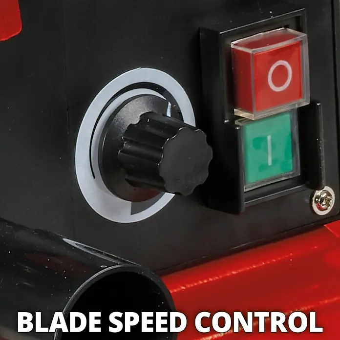 Einhell Dekupiersäge TC-SS 406 E - 120 W, 400 U/min - 1.600 U/min - Nahaufnahme der Bedienelemente einer Bandsäge: Geschwindigkeitsregler und Ein/Aus-Schalter.