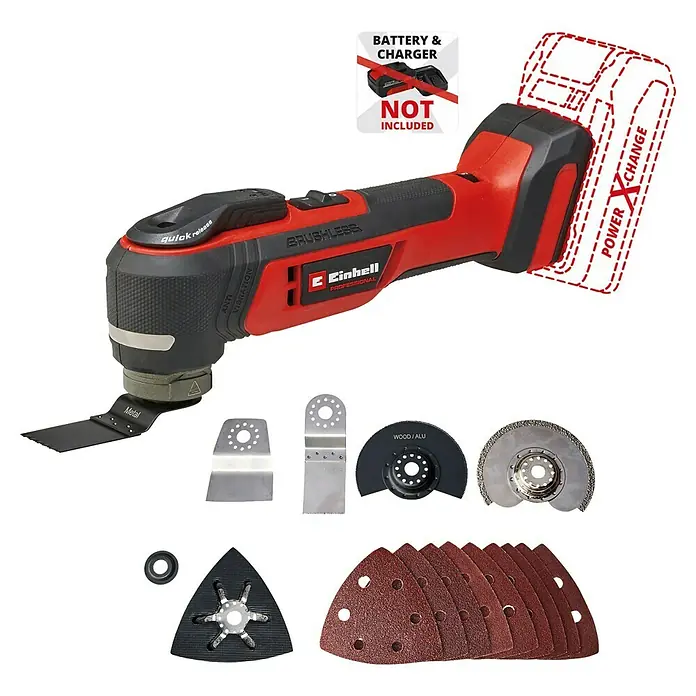 Einhell Professional PXC 18V Multiherramienta de batería TP-MG 18 Li BL - Solo - 18 V, Sin batería, Ángulo de oscilación: -1,6 ° - 1,6 ° - La herramienta multifunción inalámbrica Einhell se muestra con accesorios versátiles, pero sin batería ni cargador. Es una herramienta flexible para los aficionados al bricolaje.
