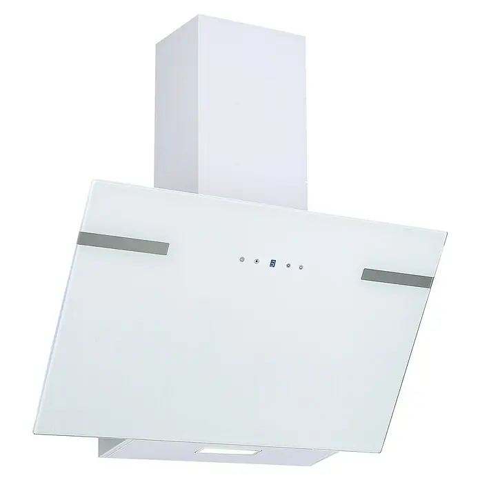 Respekta Schräghaube Sarina - Breite: 60 cm, Max. Gebläseleistung Abluftbetrieb: 494,3 m³/h, Weiß - Ein moderner, weißer Dunstabzugshaube mit einem schlanken Design und Bedienelementen auf der Vorderseite für eine stilvolle Küchenergänzung.