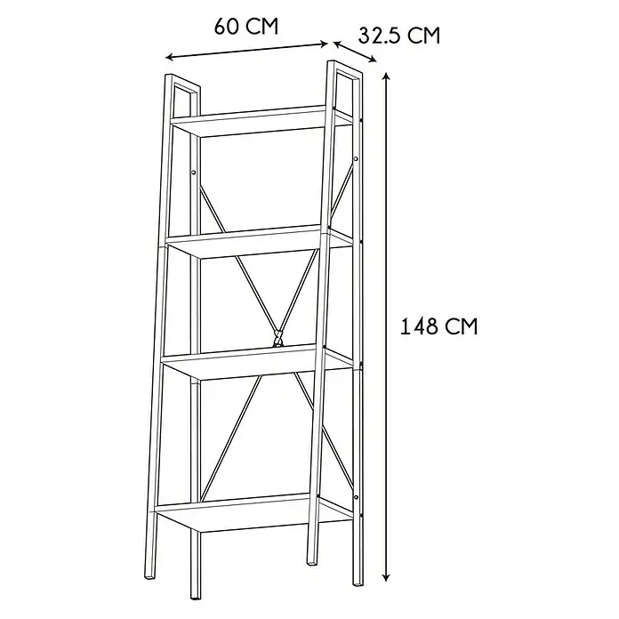 Estantería de madera Natural Crush - L x An x Al: 32 x 60 x 148 cm, Blanco - Ilustración de una estantería de cuatro niveles con dimensiones de 60 cm de ancho, 32,5 cm de profundidad y 148 cm de alto.
