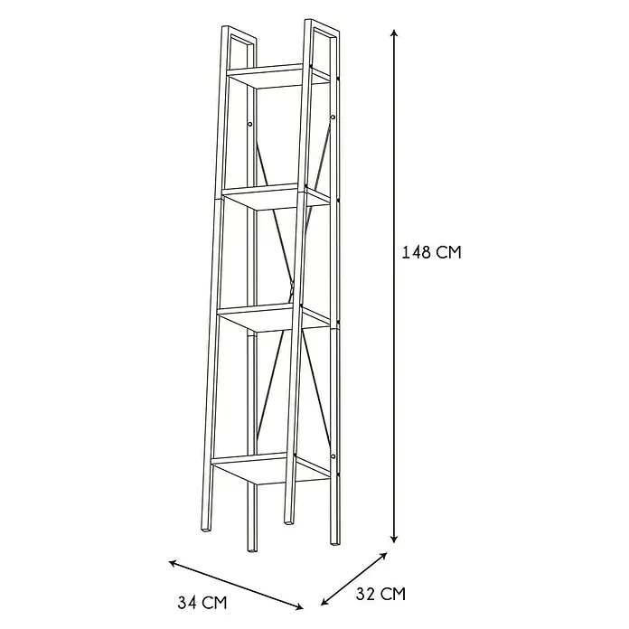 Estantería de madera Bristot Indus - L x An x Al: 32 x 34 x 148 cm, Negro - Ilustración de una estantería estrecha y alta con cuatro estantes y dimensiones de 148 cm de alto, 34 cm de ancho y 32 cm de profundidad.