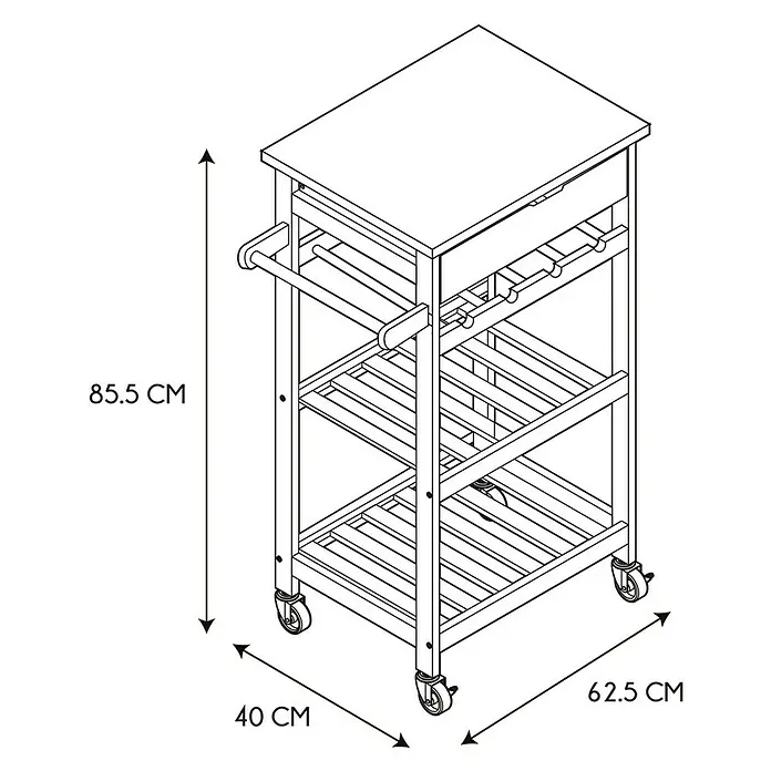 Home Deco Factory Carro de cocina Bristot Indus - L x An x Al: 40 x 62,5 x 85,5 cm, Blanco/Pino - Ilustración de un carrito de cocina con dimensiones. Perfecto para almacenamiento y espacio de trabajo adicionales.