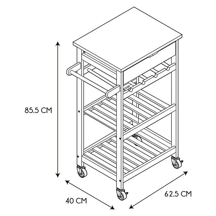 Home Deco Factory Carro de cocina Bristot Indus - L x An x Al: 40 x 62,5 x 85,5 cm, Negro/Pino - Dibujo lineal detallado de un carrito de cocina con cajón, botellero, dos estantes y un toallero.