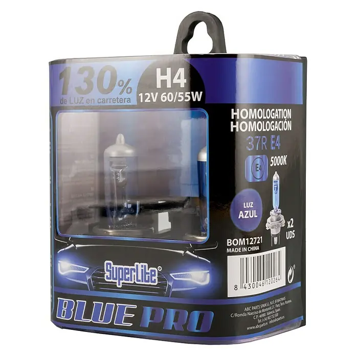 Bombilla para faro delantero BOM12721 - 12 V, 2 ud., Azul - Kit de bombillas para coche Superlite Blue Pro H4 12V 60/55W con un 130% más de luz en carretera.
