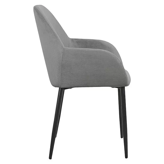 Home Deco Factory Silla butaca Giulia - Gris, 2 pzs. - Sillón gris de tela acanalada con patas negras, vista lateral.