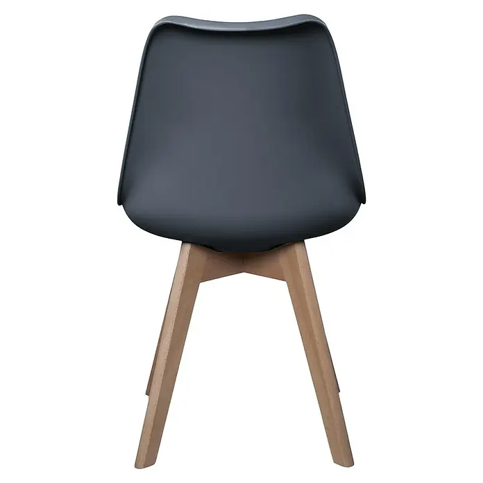 Home Deco Factory Silla Copenhague - Gris, 4 pzs. - Vista posterior de una silla moderna con carcasa de asiento gris y estructura de madera clara sobre un fondo negro. La silla parece sencilla y elegante.