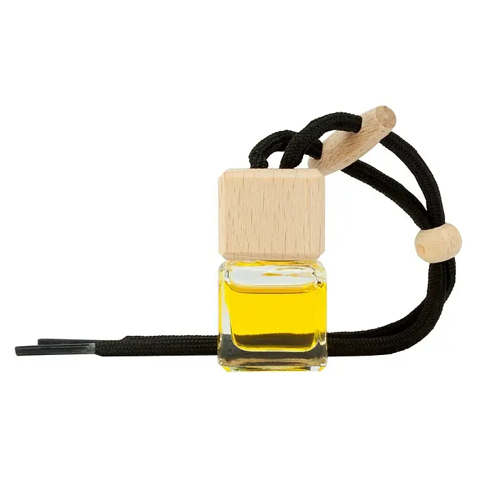 Ambientador de coche para colgar - Limón, 8 sem. - Ambientador de coche con líquido amarillo en botella de vidrio con tapón de madera y cuerda negra para colgar.