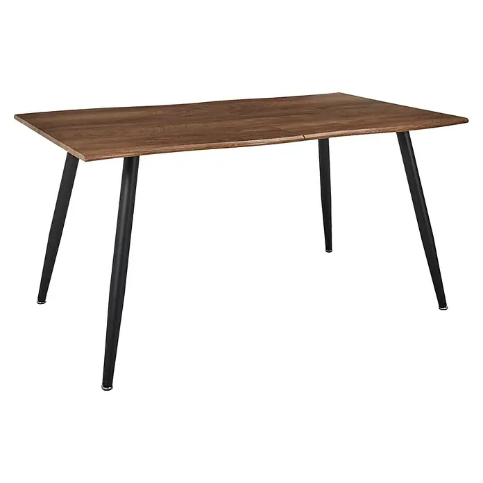 Home Deco Factory Mesa de comedor extensible Black Forest - L x An x Al: 90 x 210 x 75 cm, Negro/Roble - La imagen muestra una mesa de comedor rectangular con una tapa de madera y cuatro patas negras y delgadas. La mesa tiene un diseño simple y moderno.